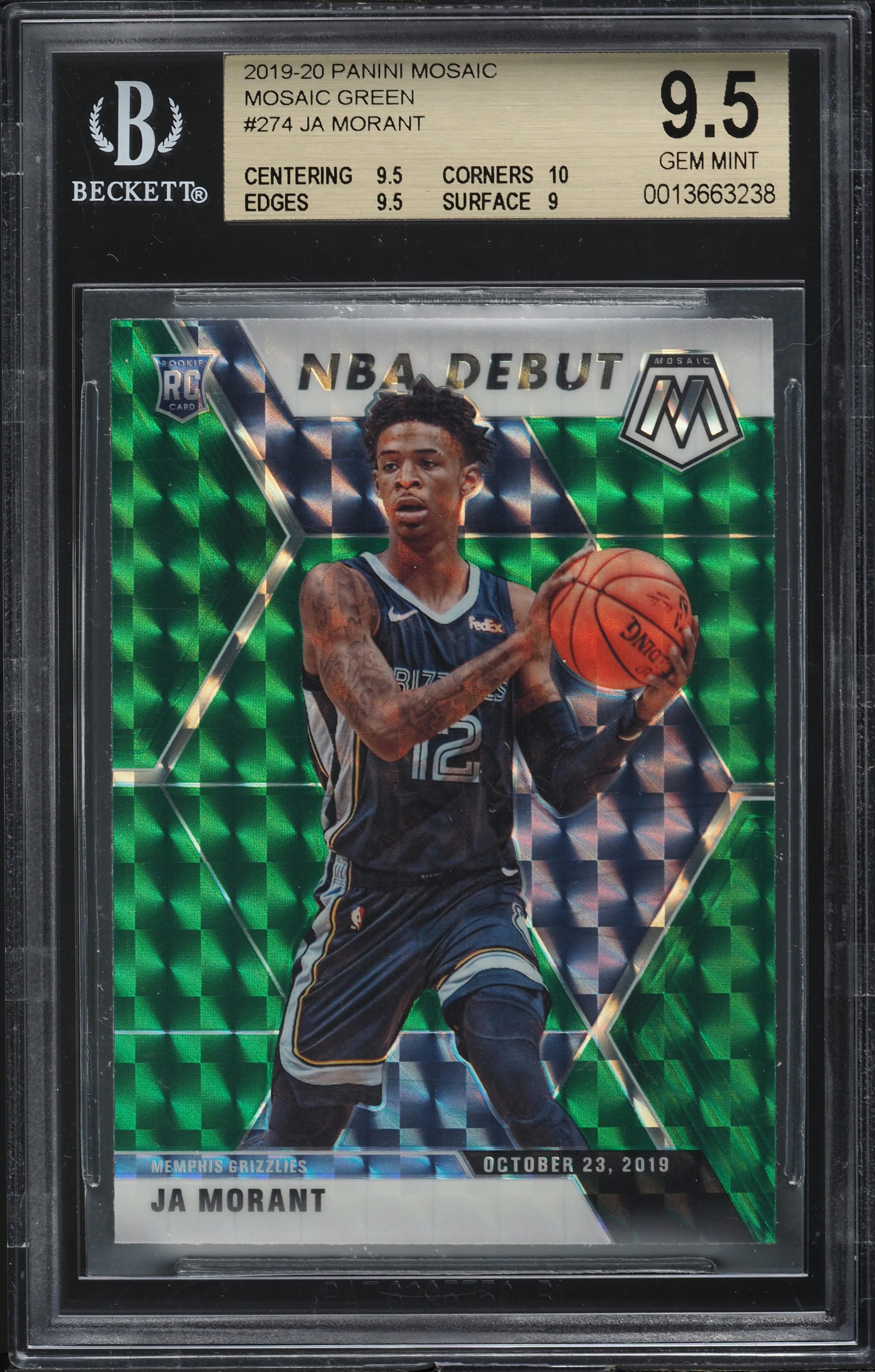 2019 Panini Mosaic Green Ja Morant ROOKIE #274 BGS 9.5 GEM MINT on