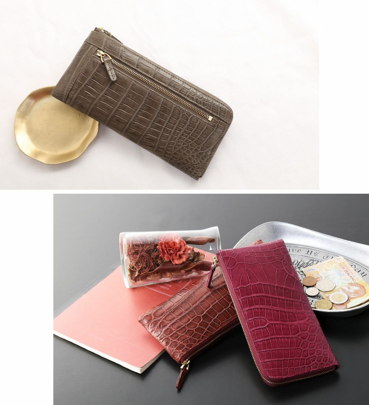 クロコダイル マット L字ファスナー 長財布 レディース 薄い