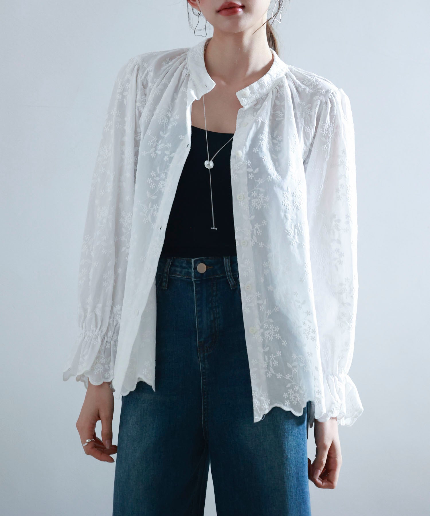 立ち襟スカラップ刺繍シャツブラウスsdphxz1142 ホワイト – [公式