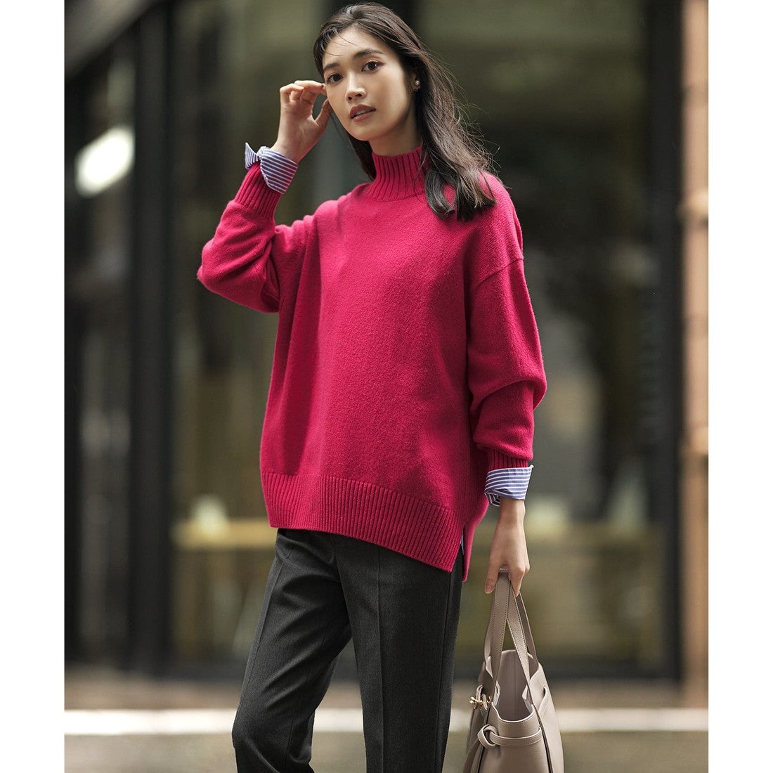 23区 【洗える】カシミヤブレンド ハイネック ニット （マゼンタ系