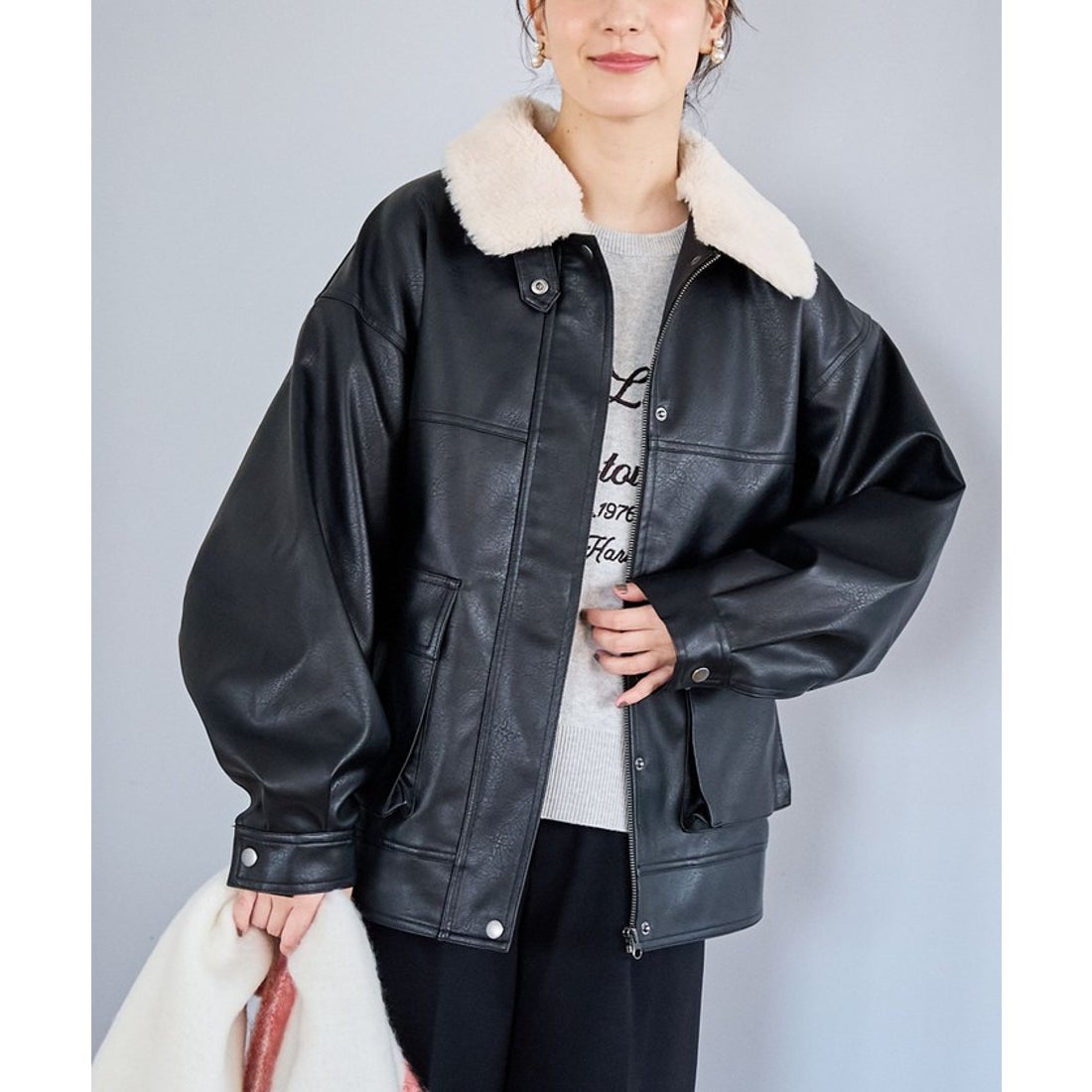 coen ボア襟付きレザーライクヴィンテージブルゾン -靴＆ファッション