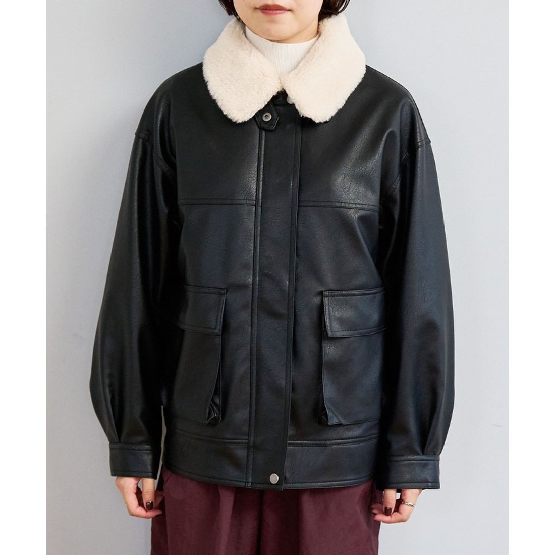 coen ボア襟付きレザーライクヴィンテージブルゾン - ファッション通販