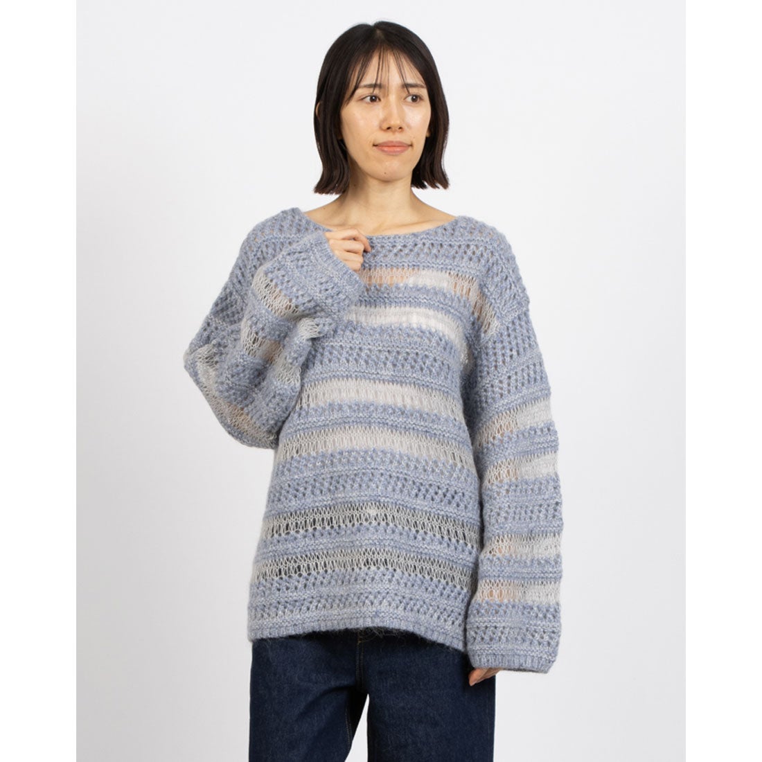クラネ CLANE SHEER BORDER MOHAIR KNIT （BLUE） - ファッション通販