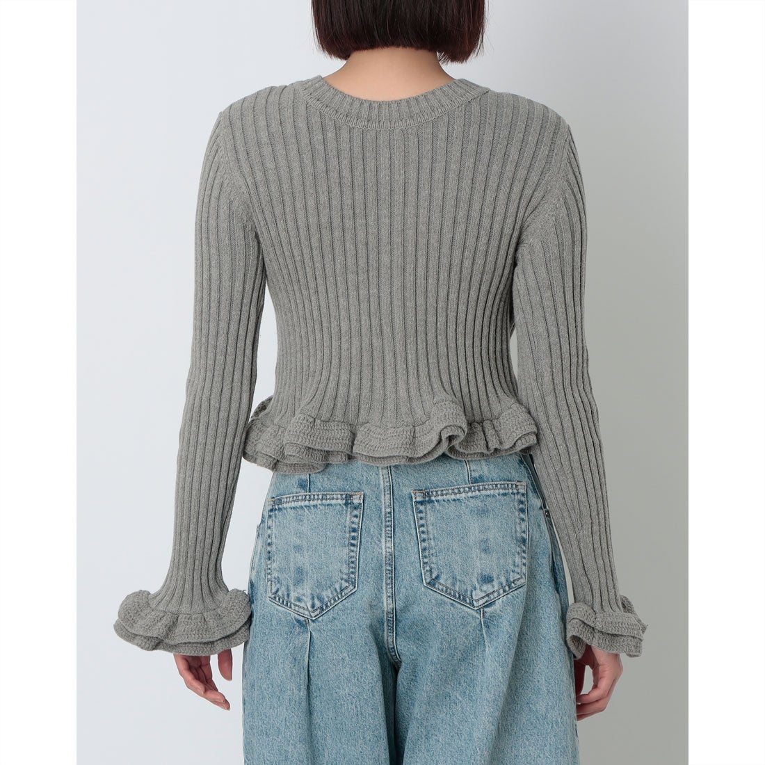 クラネ CLANE W FACE SHORT FRILLED KNIT TOPS （GRAY） -ファッション