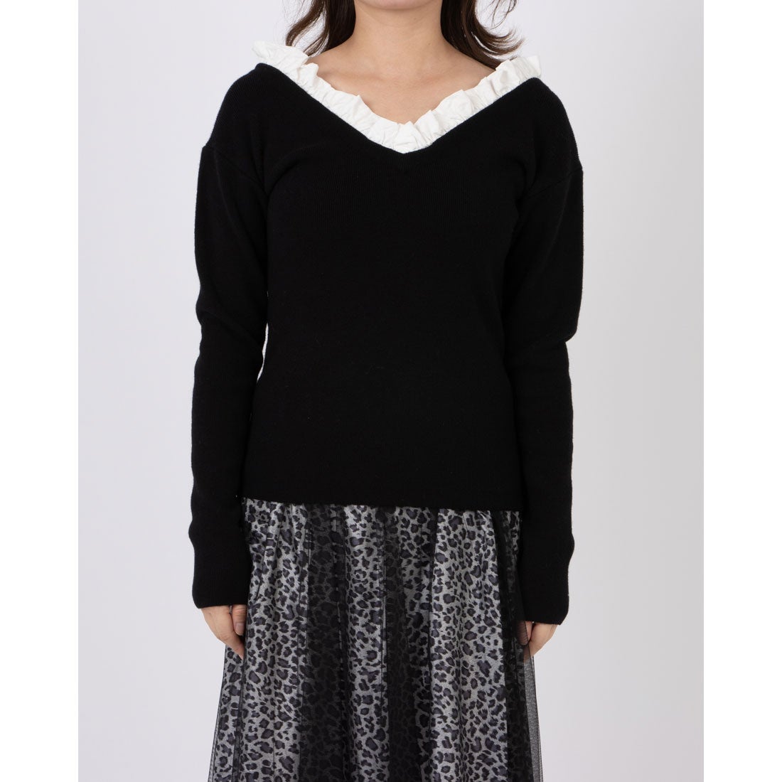 クラネ CLANE 2WAY FRILL V NECK KNIT TOPS （BLACK） - ファッション