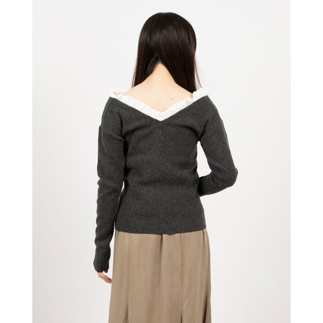 クラネ CLANE 2WAY FRILL V NECK KNIT TOPS （GRAY） - ファッション