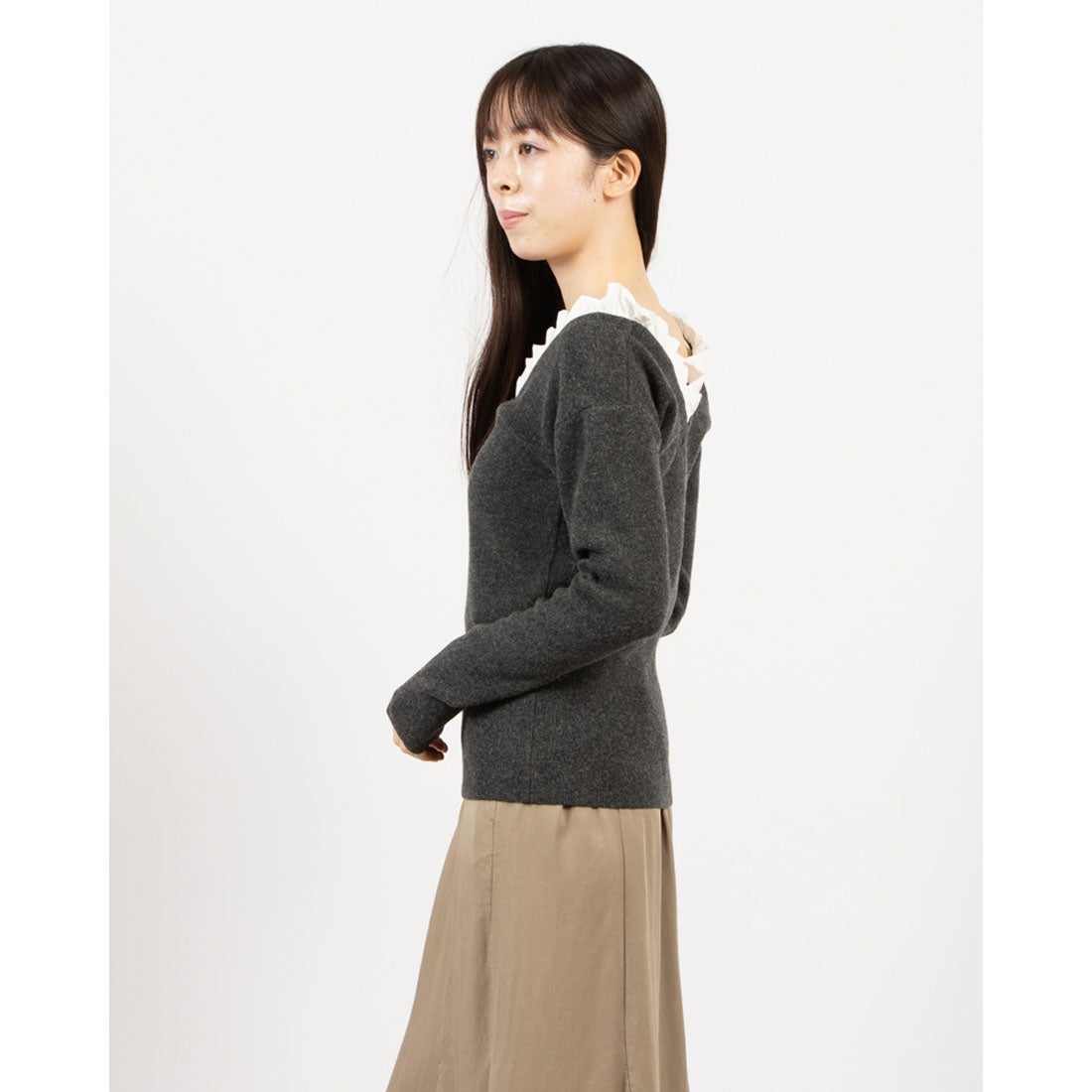 クラネ CLANE 2WAY FRILL V NECK KNIT TOPS （GRAY） - ファッション
