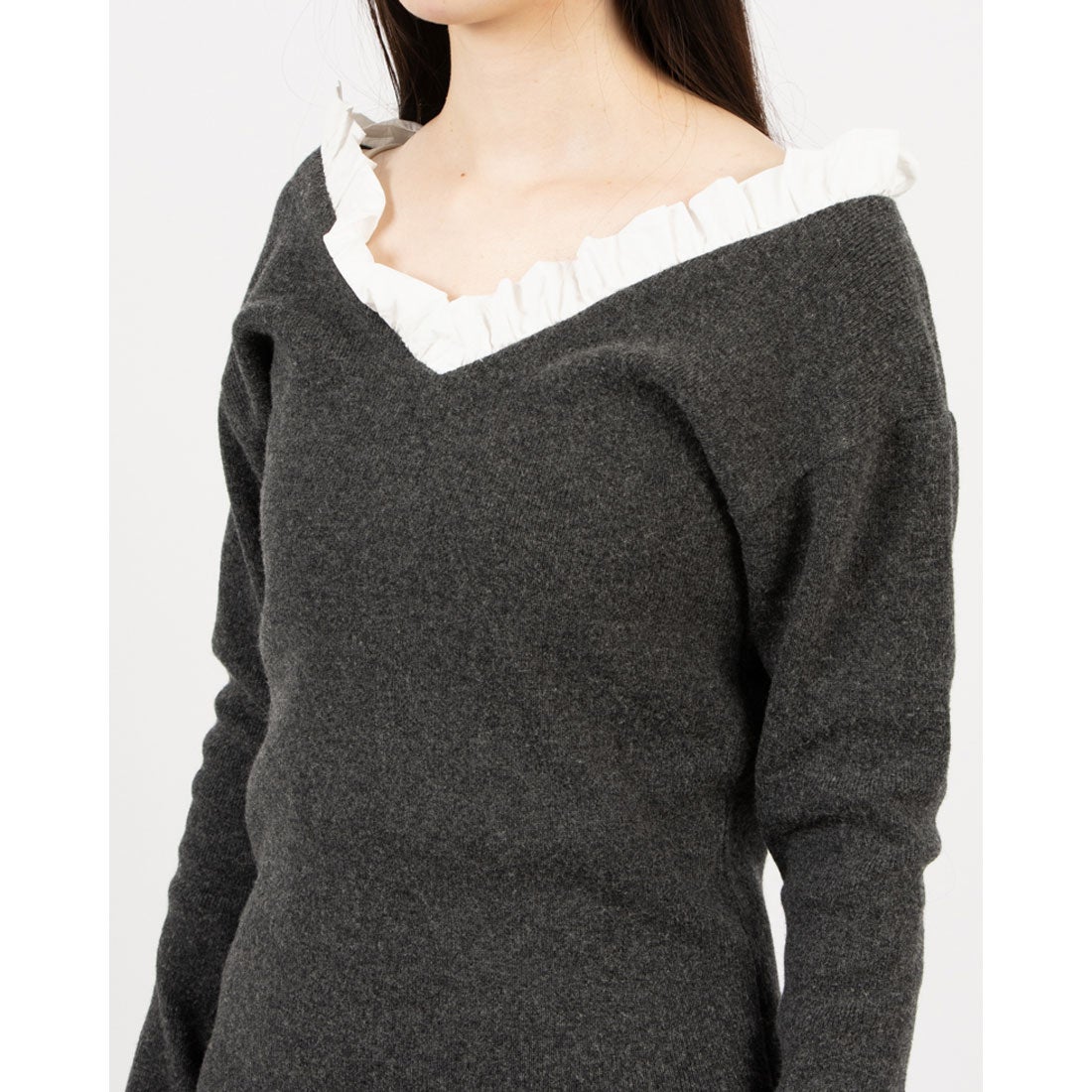 クラネ CLANE 2WAY FRILL V NECK KNIT TOPS （GRAY） - ファッション