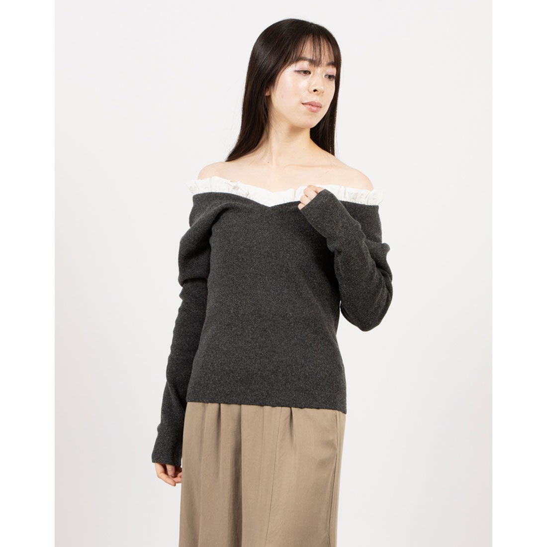 クラネ CLANE 2WAY FRILL V NECK KNIT TOPS （GRAY） - ファッション
