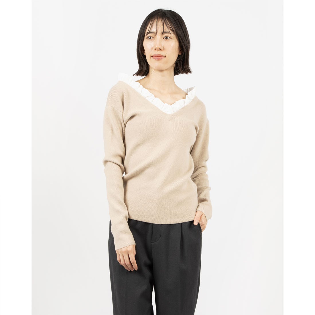 クラネ CLANE 2WAY FRILL V NECK KNIT TOPS （BEIGE） - ファッション