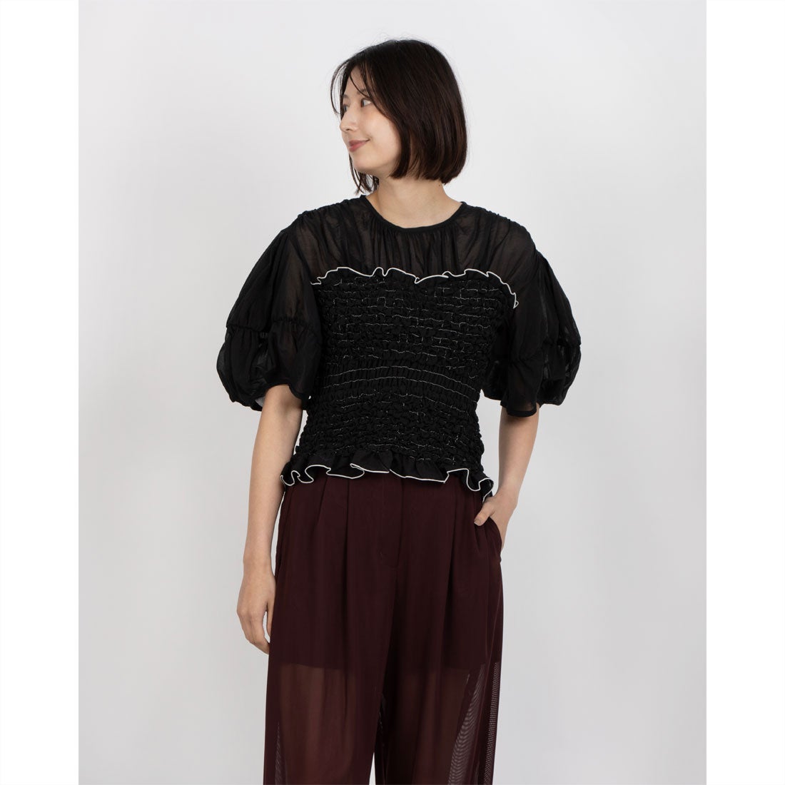 クラネ CLANE COLOR STITCHED SHIRRING TOPS （BLACK） - ファッション