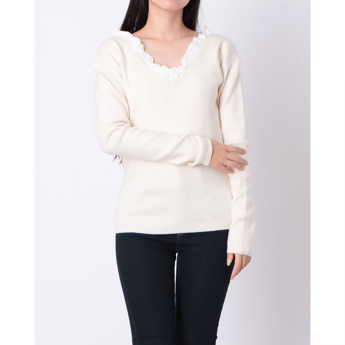 クラネ CLANE 2WAY FRILL V NECK KNIT TOPS （IVORY） -ファッション