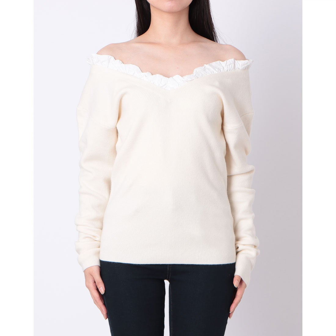 クラネ CLANE 2WAY FRILL V NECK KNIT TOPS （IVORY） -ファッション