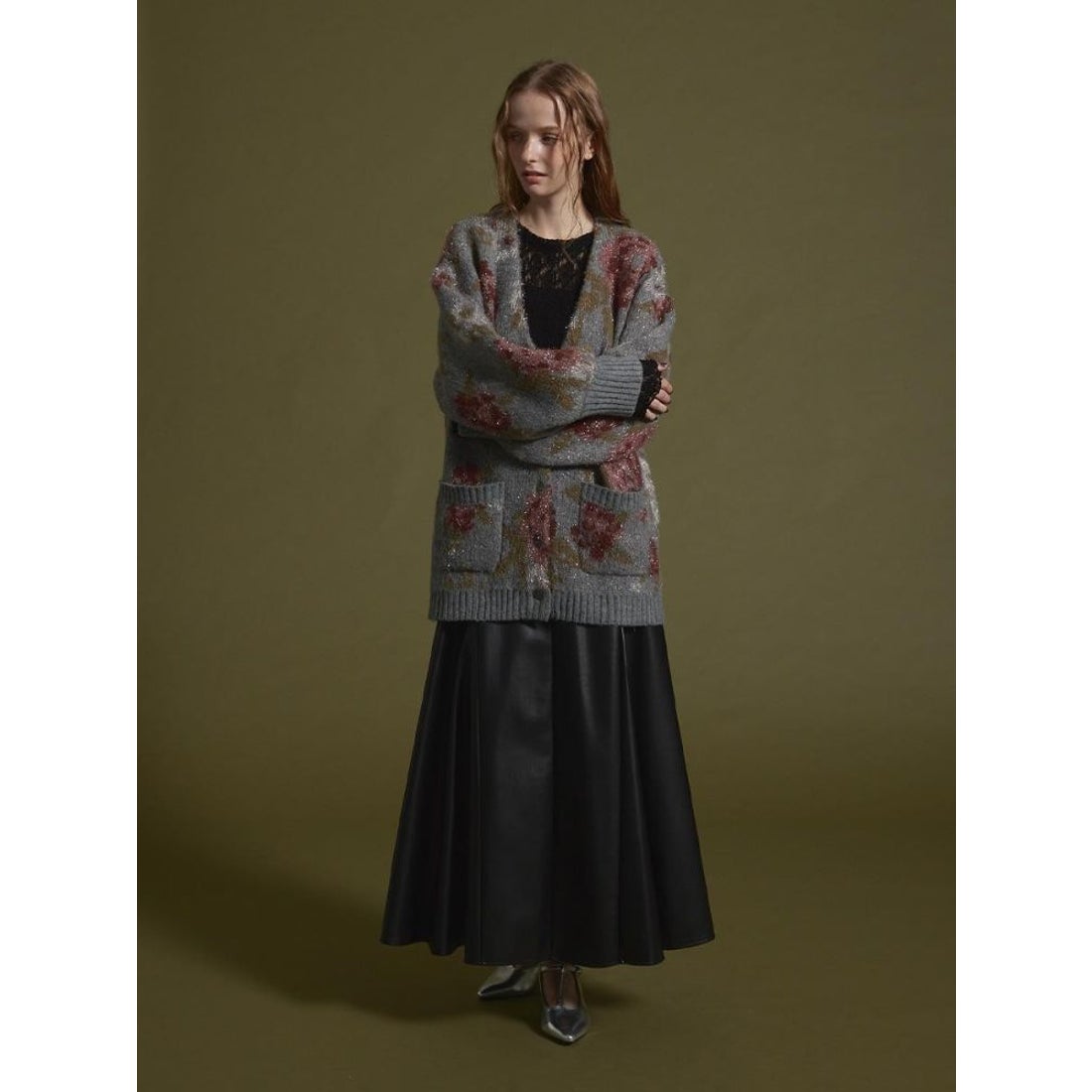 アンプル Ample フラワーラメニットカーディガン （グレー