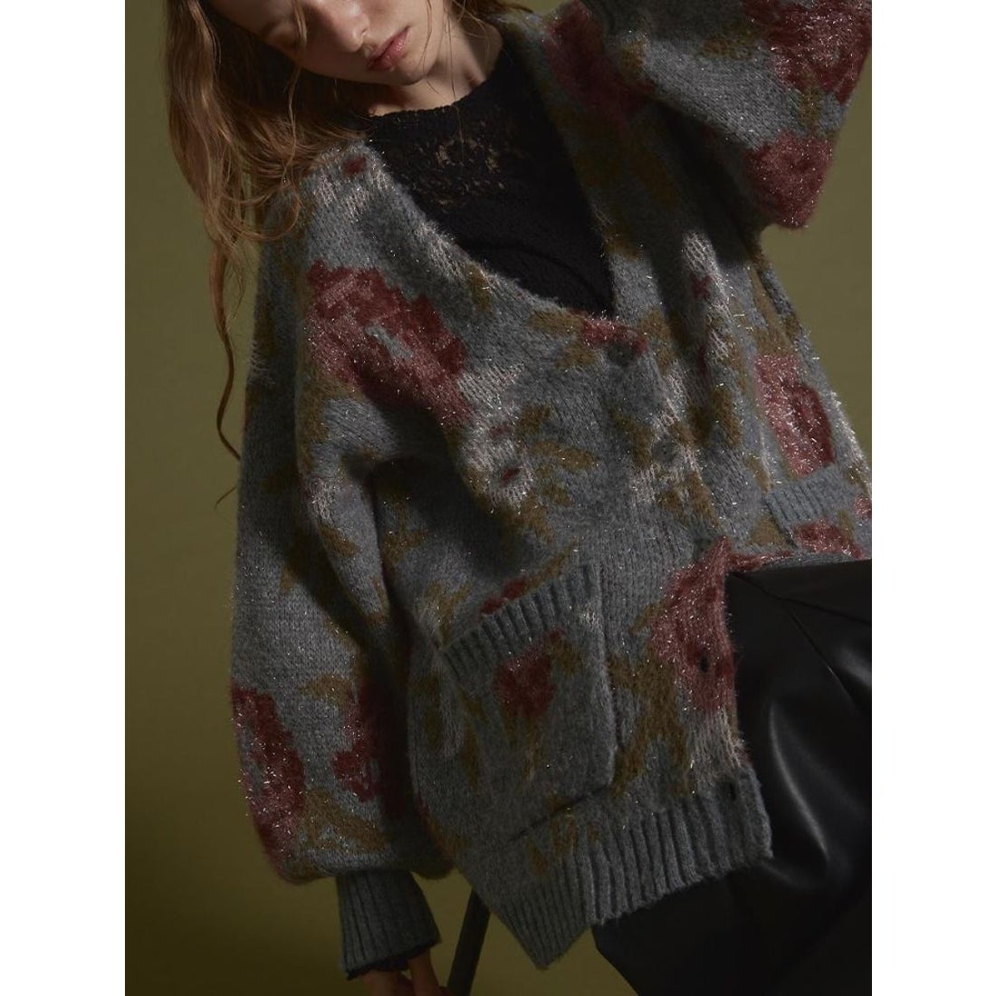 アンプル Ample フラワーラメニットカーディガン （ベージュ