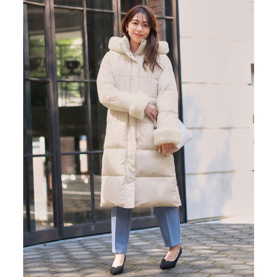 NoGenki アイボリー ファー付きロングコート ファーフレアパールダブル