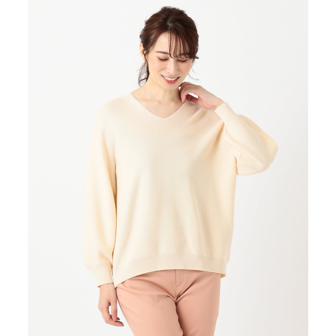 ANY SIS 【洗える】ホールガーメントVネック ニット （コーラルピンク