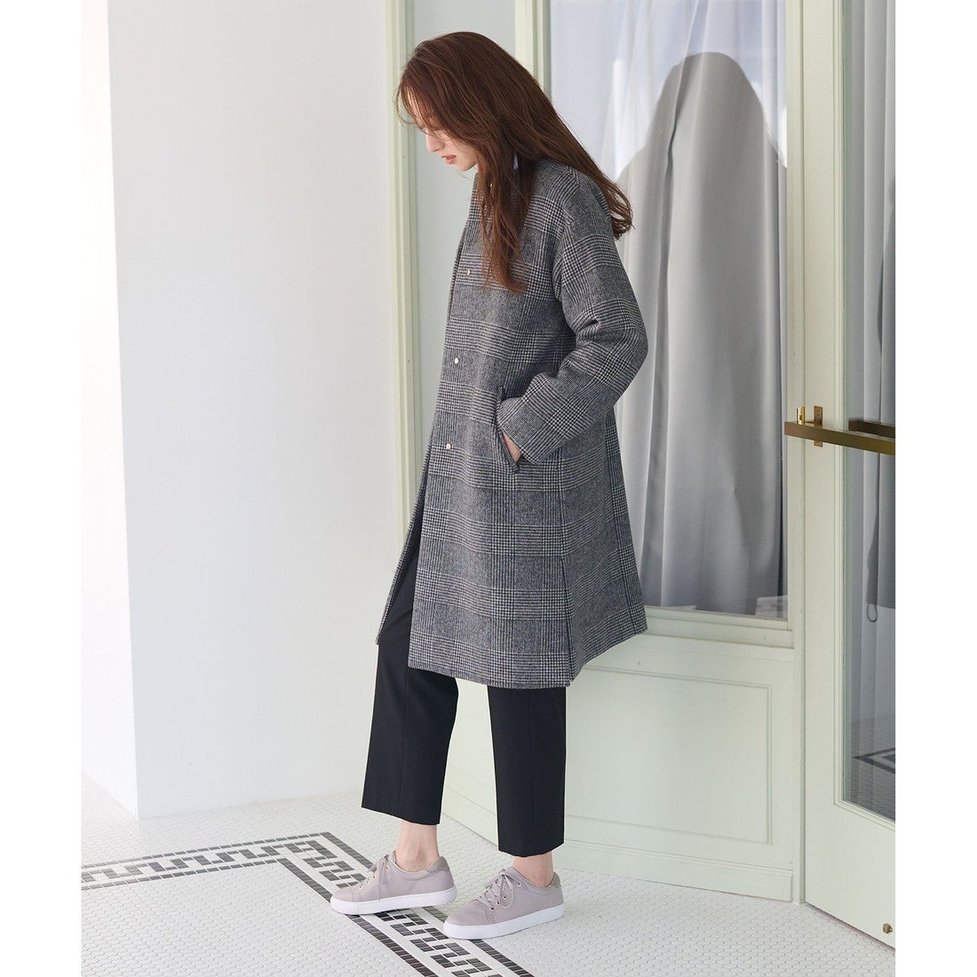 ANY 【防風裏地】ウールブレンドノーカラーコート （モカ） -靴