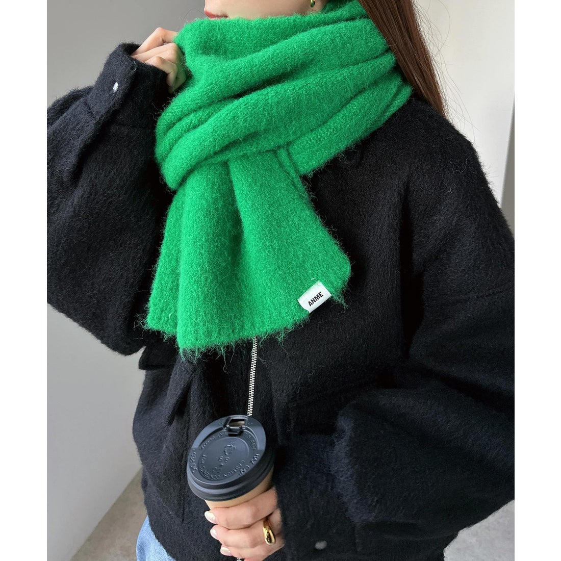 アンドミー andme ウール混 モヘアライク ロング マフラー （グリーン