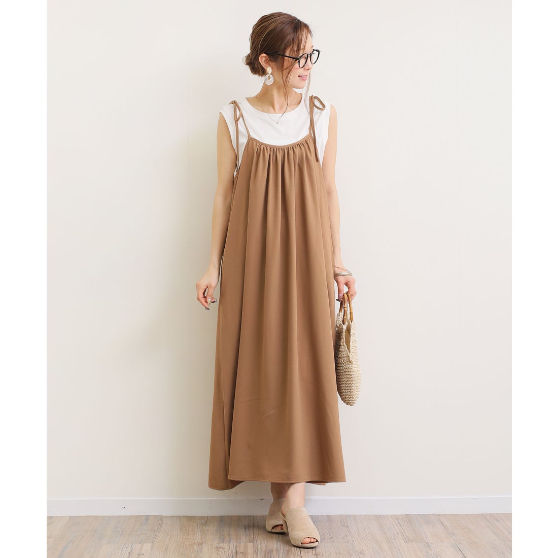 アンドミー andme ジョーゼット肩リボンフレアキャミワンピース