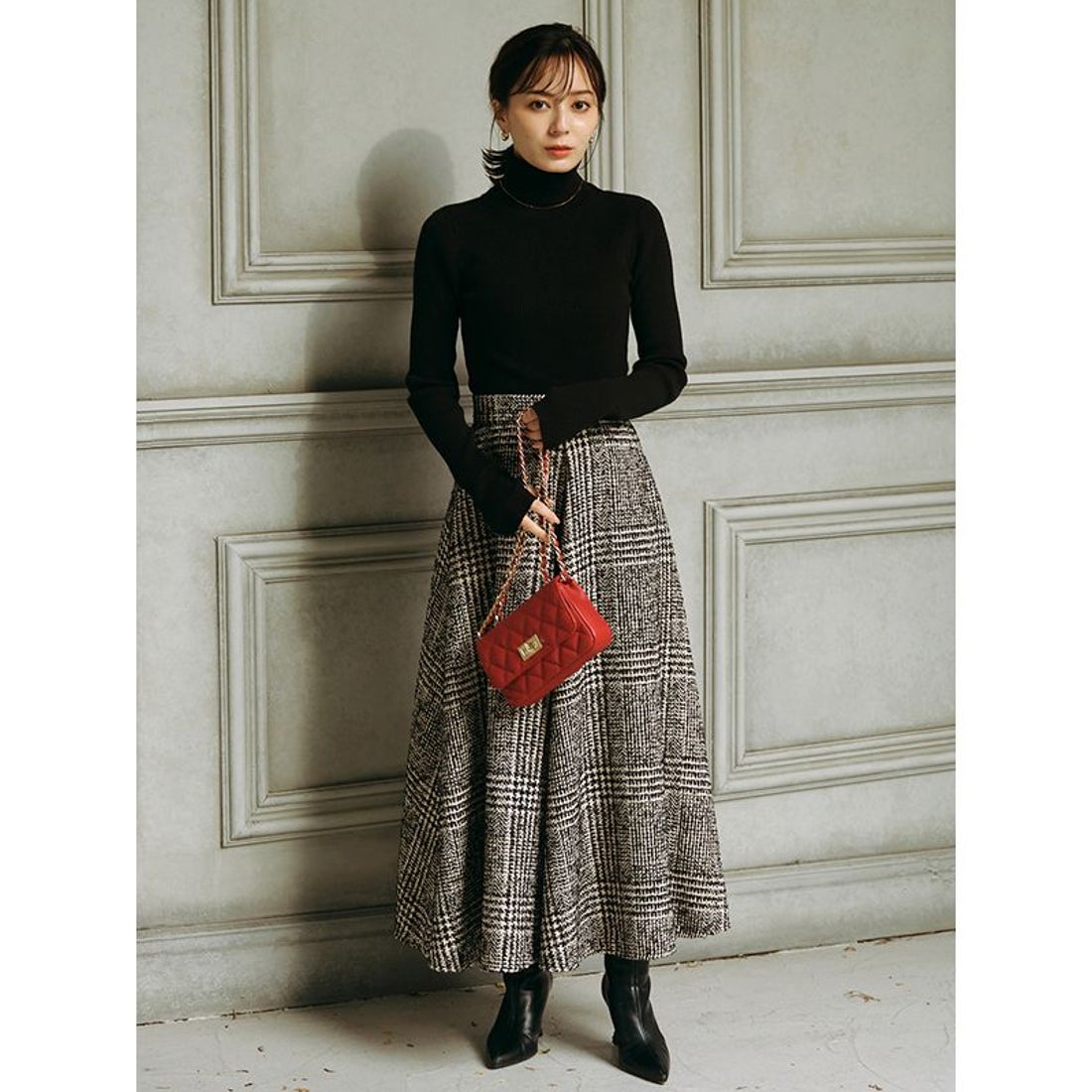 アニュアンス anuans ウールチェックツイードフレアスカート （BLACK