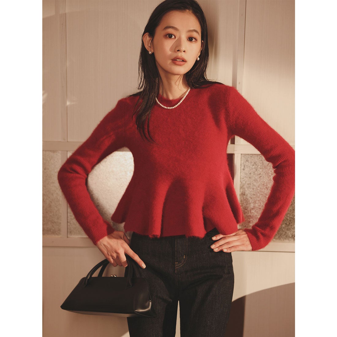 アニュアンス anuans ペプラムショートニットトップス （RED） -靴