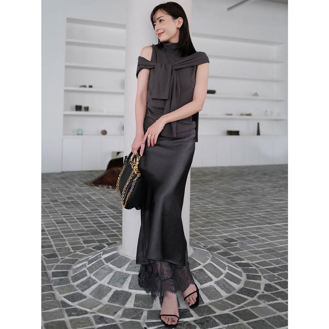 アニュアンス anuans レースレイヤードサテンナロースカート