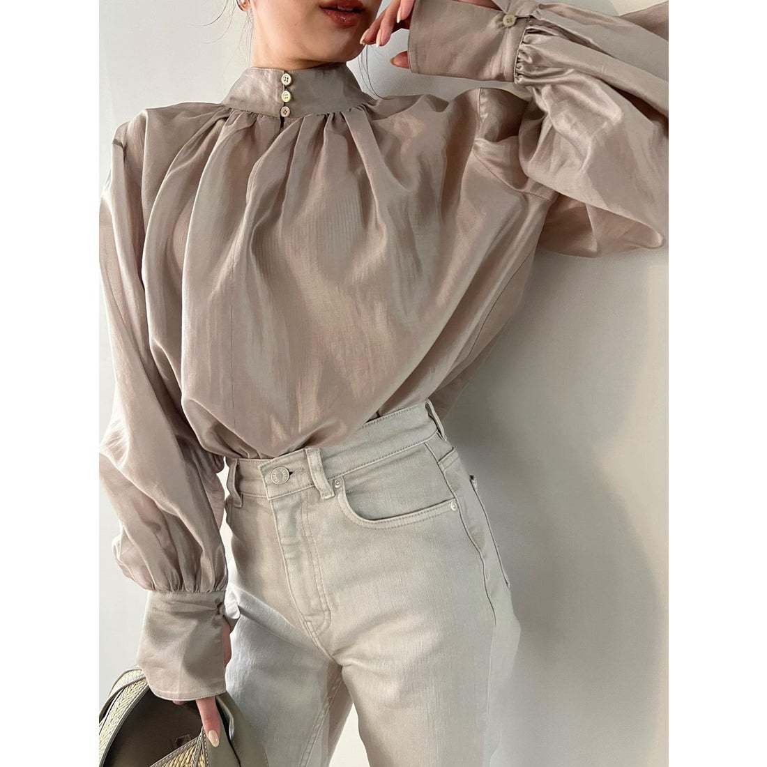 アニュアンス anuans シースルーネックギャザーブラウス （GREY BEIGE