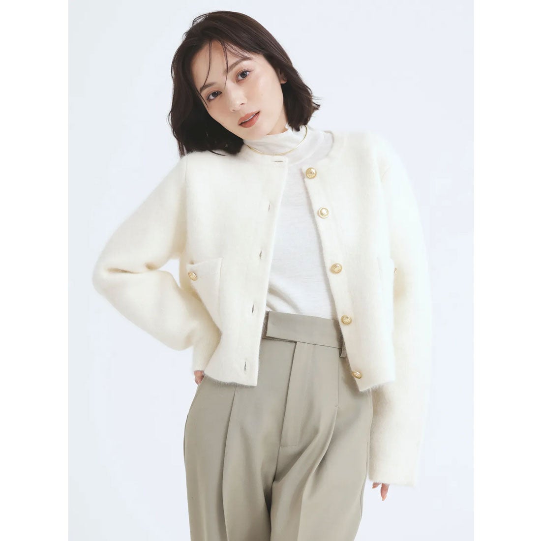 アニュアンス anuans ラクーンブレンドノーカラージャケット （IVORY