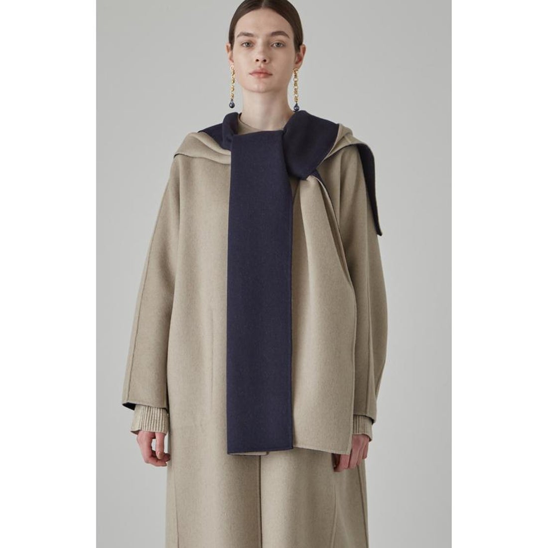 アドーア ADORE カシミヤ混 2TONE リバーフードストール （ネイビーx