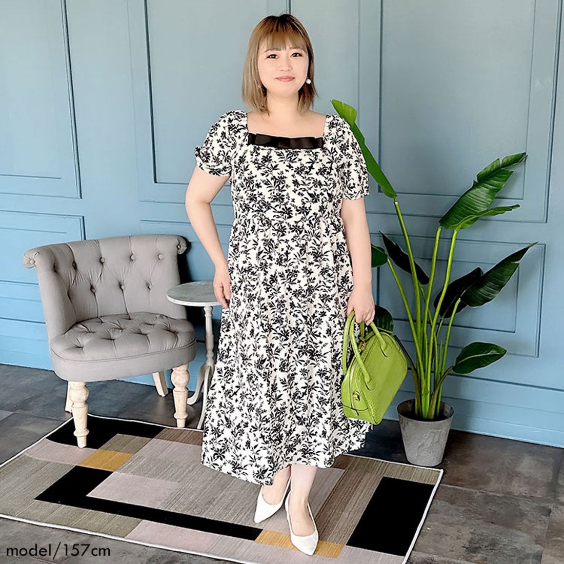 ゴールドジャパン GOLDJAPAN 花柄ワンピース スクエアネック 半袖