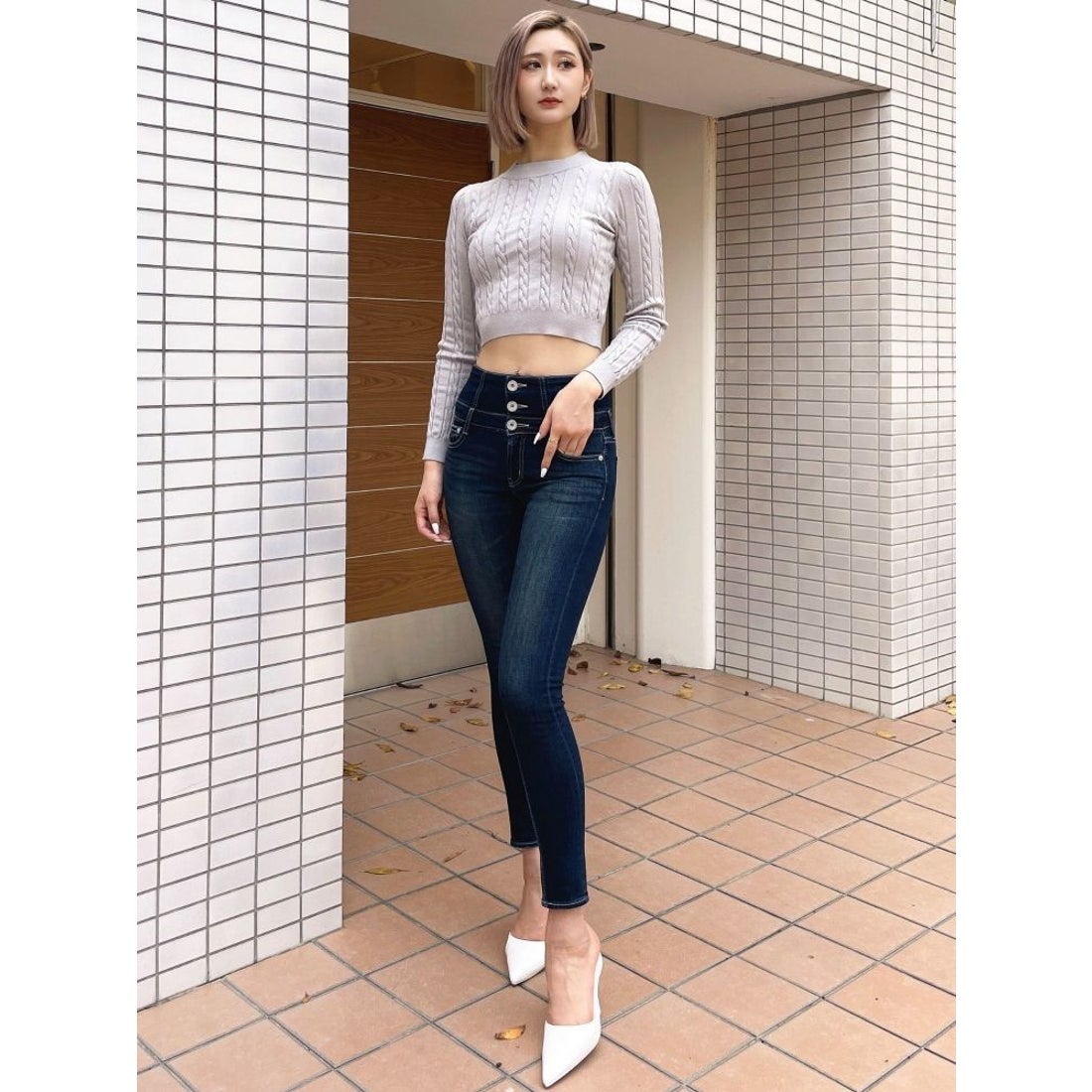 ジェイダ GYDA ハイウエストウエストクロススキニーデニムパンツ