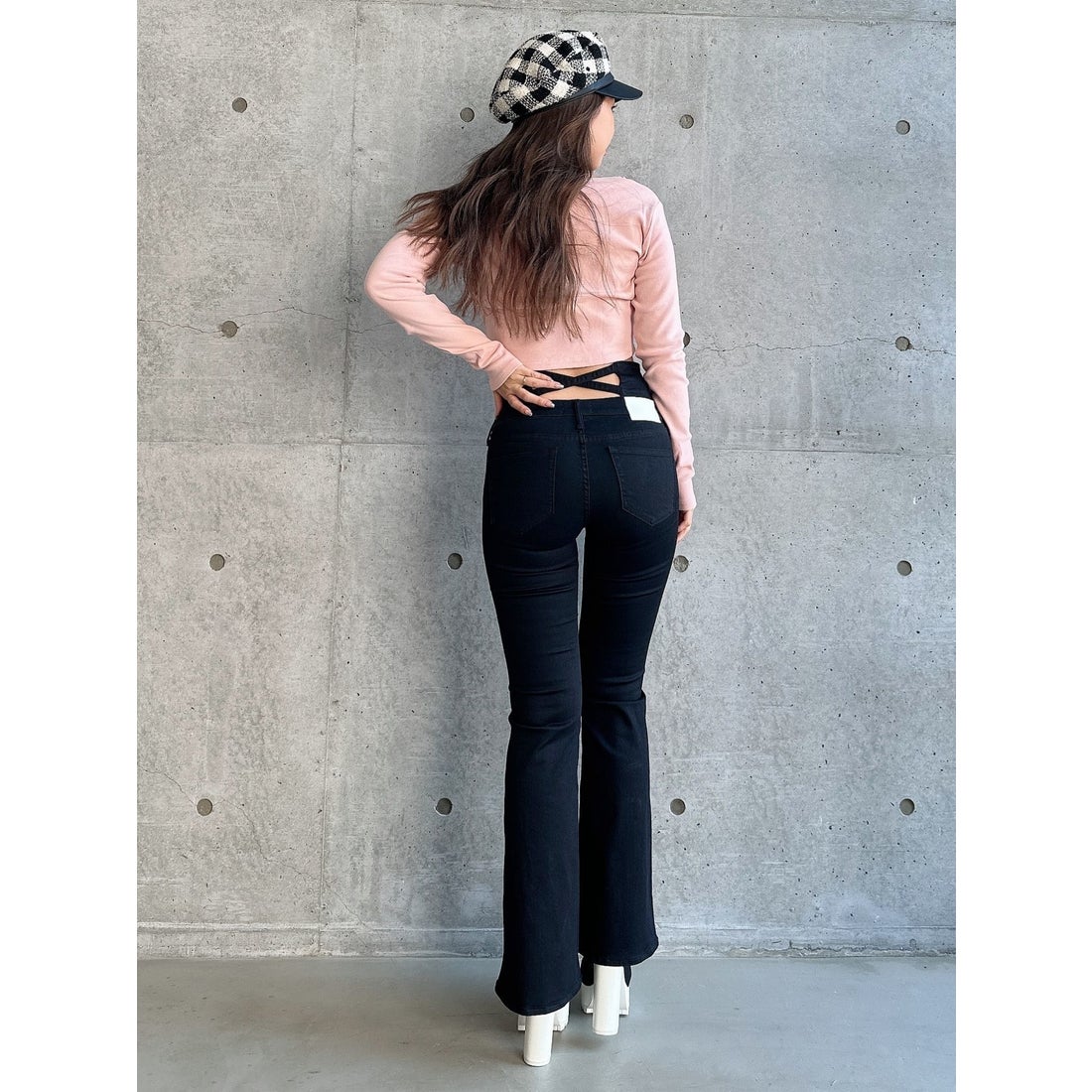 ジェイダ GYDA NEW ハイウエスト BACKクロスフレアパンツ （BLK） -靴