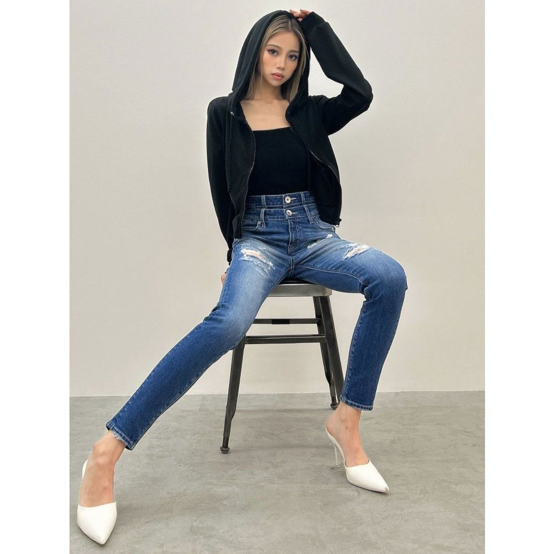 ジェイダ GYDA Wウエストダメージスキニーデニムパンツ （アイスブルー