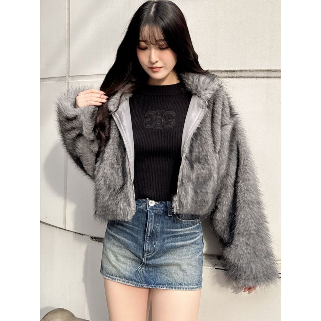 ジェイダ GYDA フェイクファーW ZIPショートコート （チャコールグレー