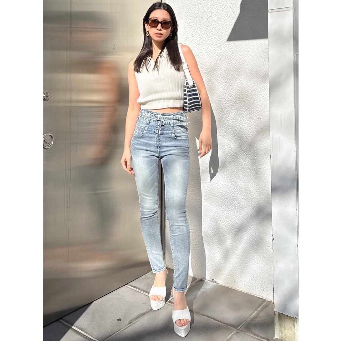 ジェイダ GYDA H/WフロントZIPベルトデザインスキニーデニムパンツ