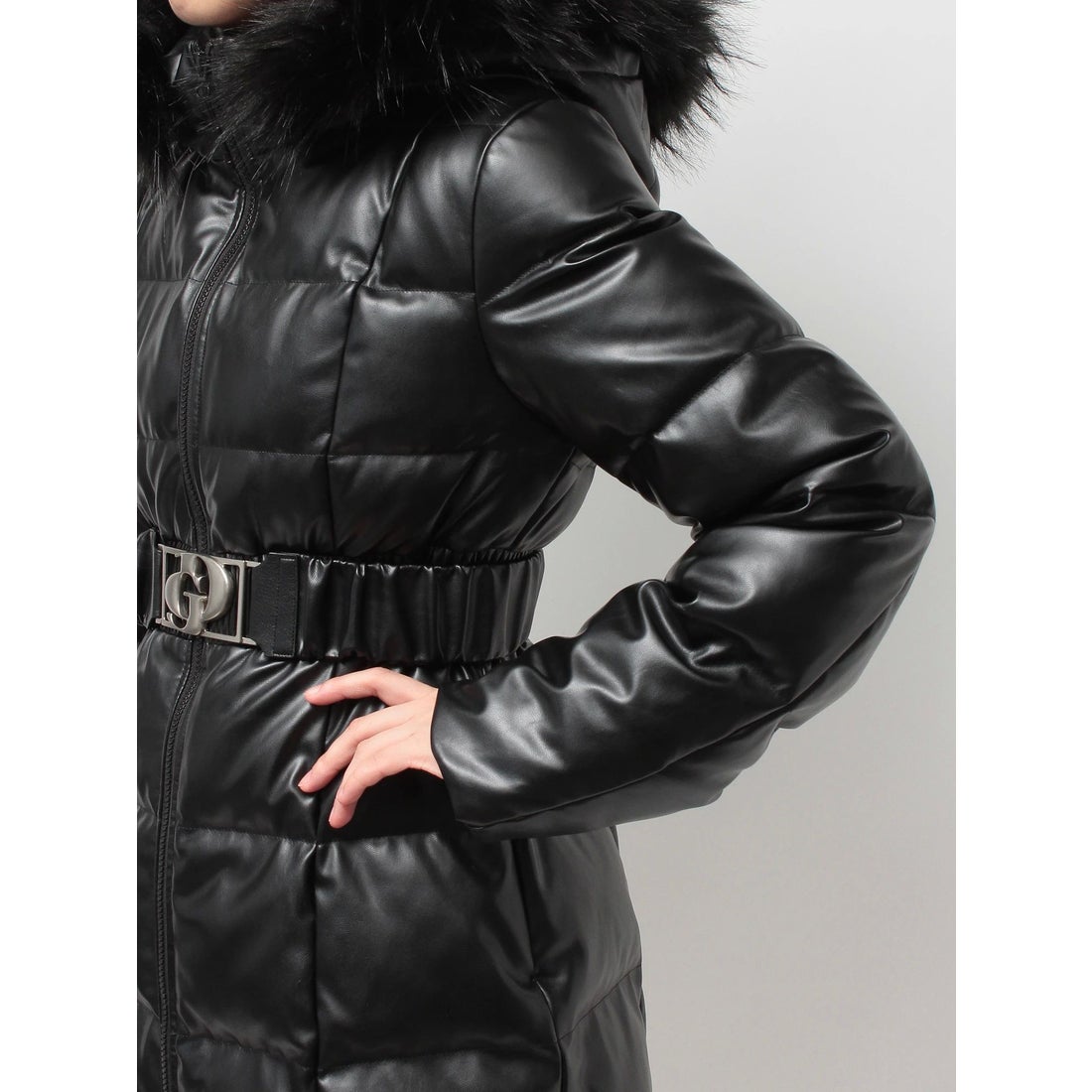 ジェイダ GYDA GDベルト付きフェイクレザーロングダウンコート （BLK