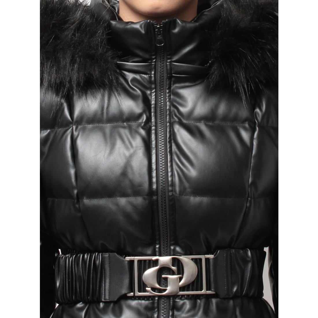 ジェイダ GYDA GDベルト付きフェイクレザーショートダウンコート （BLK