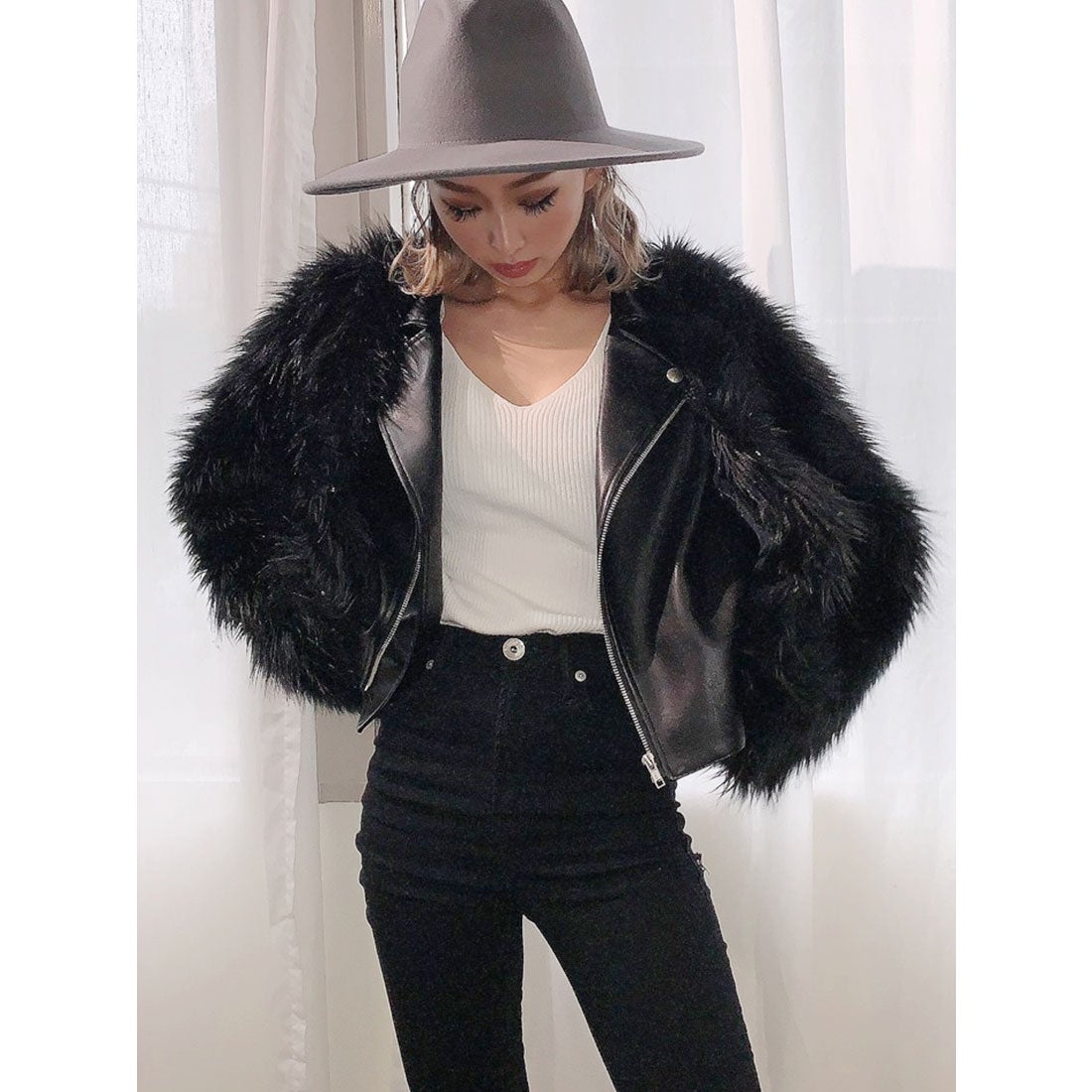 ジェイダ GYDA レイヤードエコファーライダースジャケット （ブラック