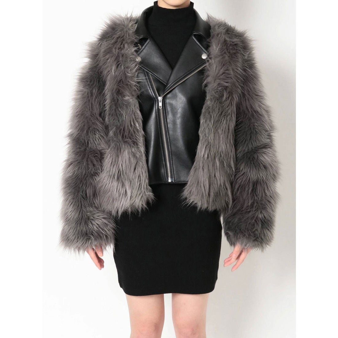 ジェイダ GYDA レイヤードエコファーライダースジャケット （グレー