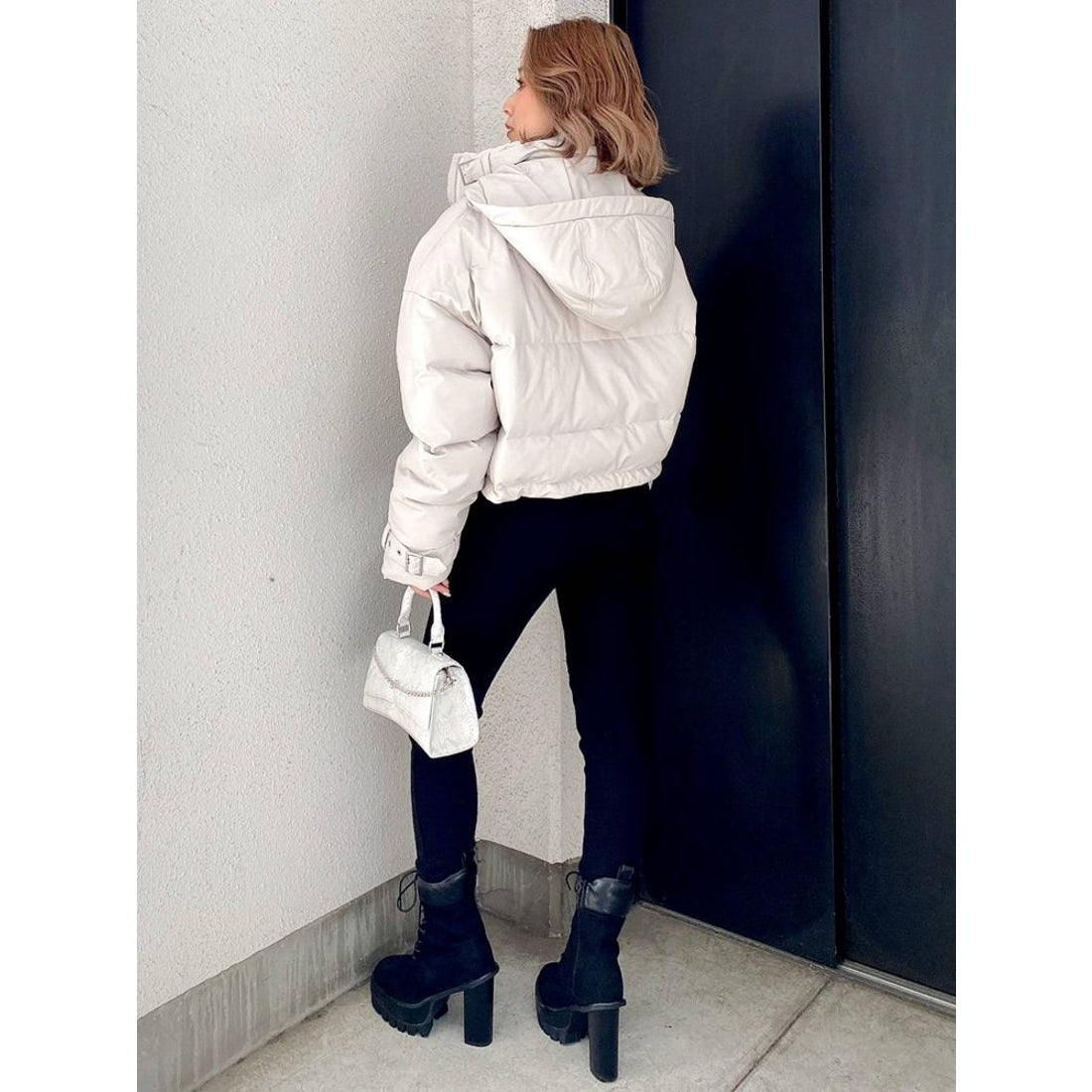 GYDA ショートフェイクレザーダウンコート（ブラック） -靴