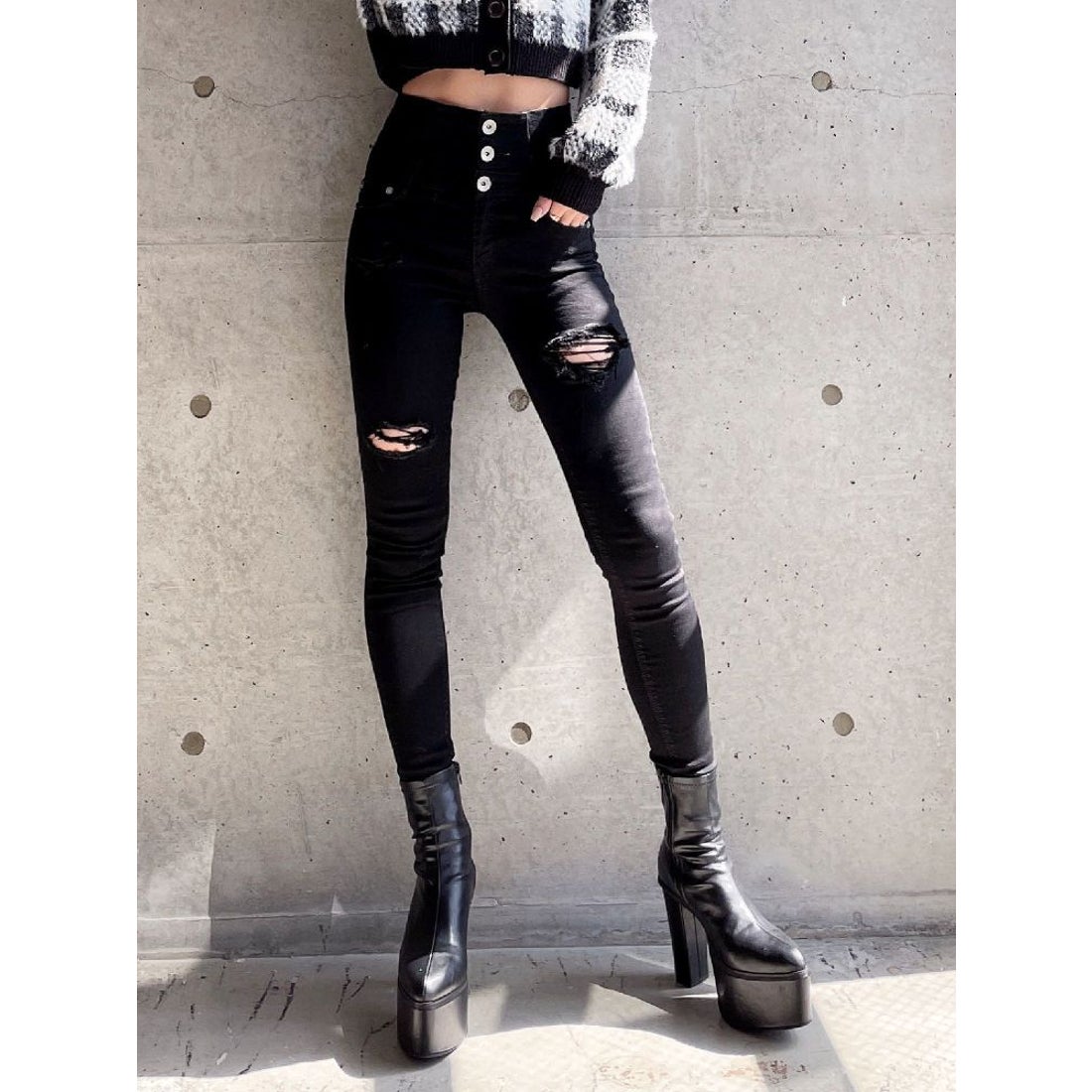 GYDA ハイウエスト バッククロス ダメージ スキニーデニムパンツ