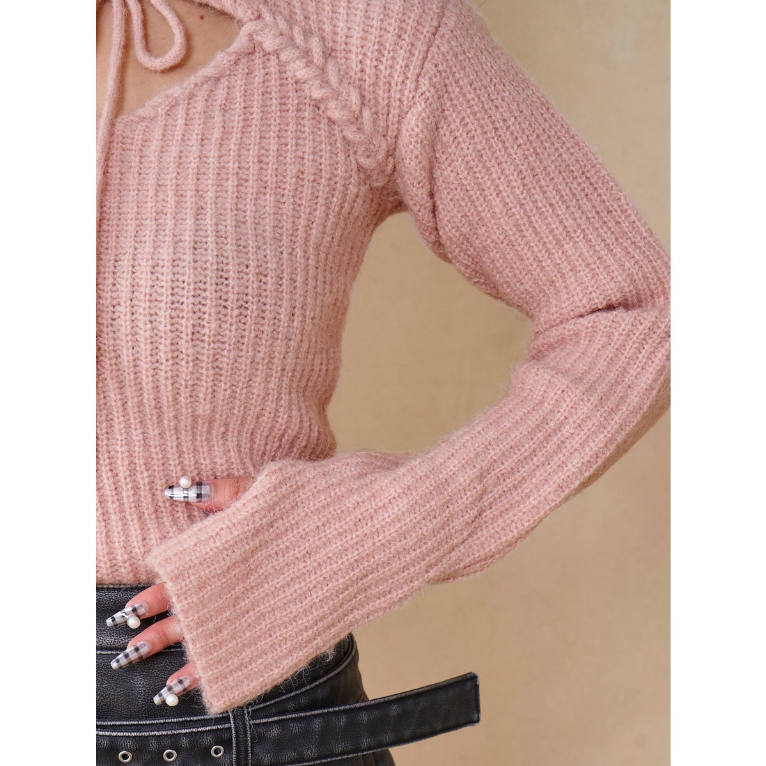 ダーリッチ Darich レースアップリボンニットトップス （ピンク） -靴