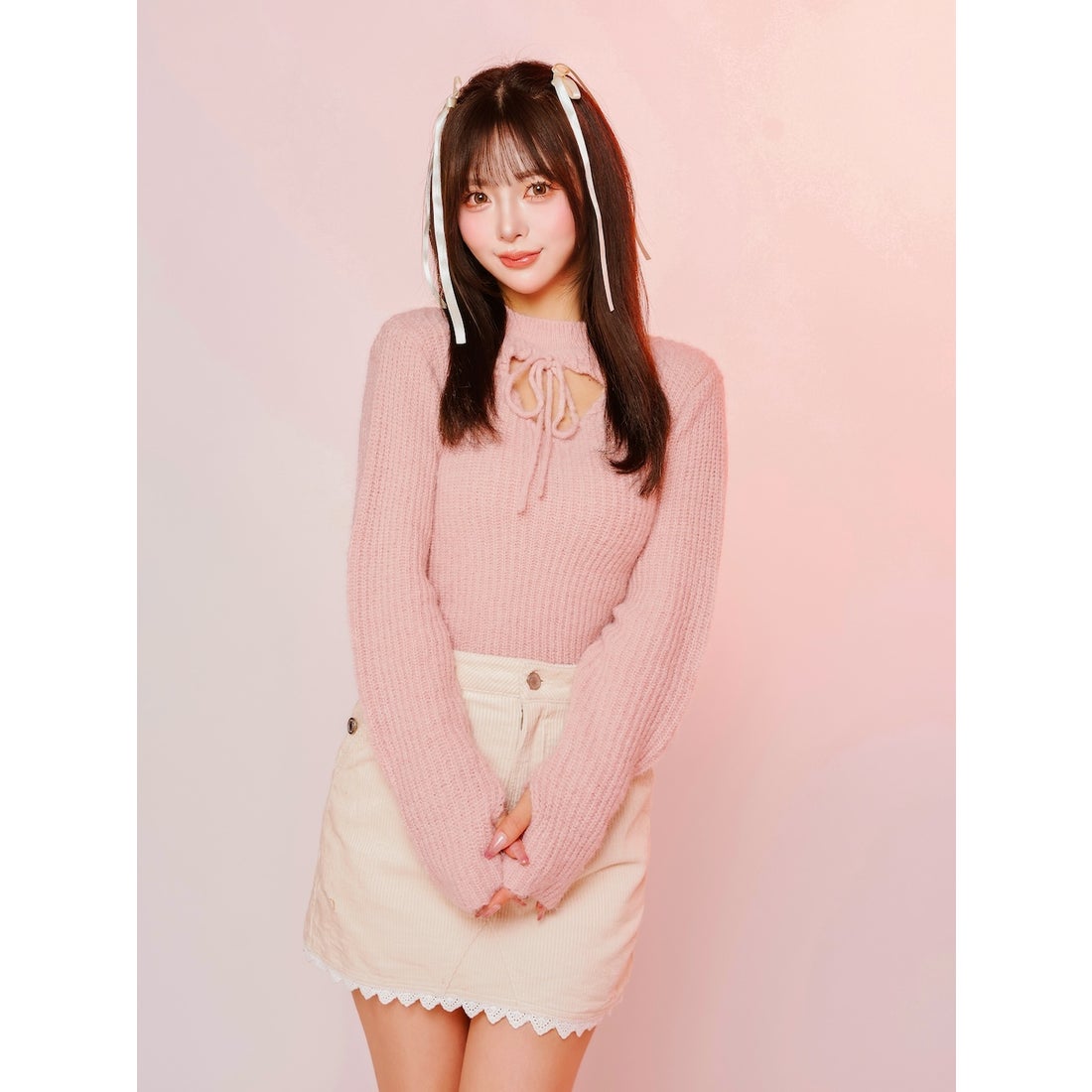 ダーリッチ Darich レースアップリボンニットトップス （ピンク） -靴