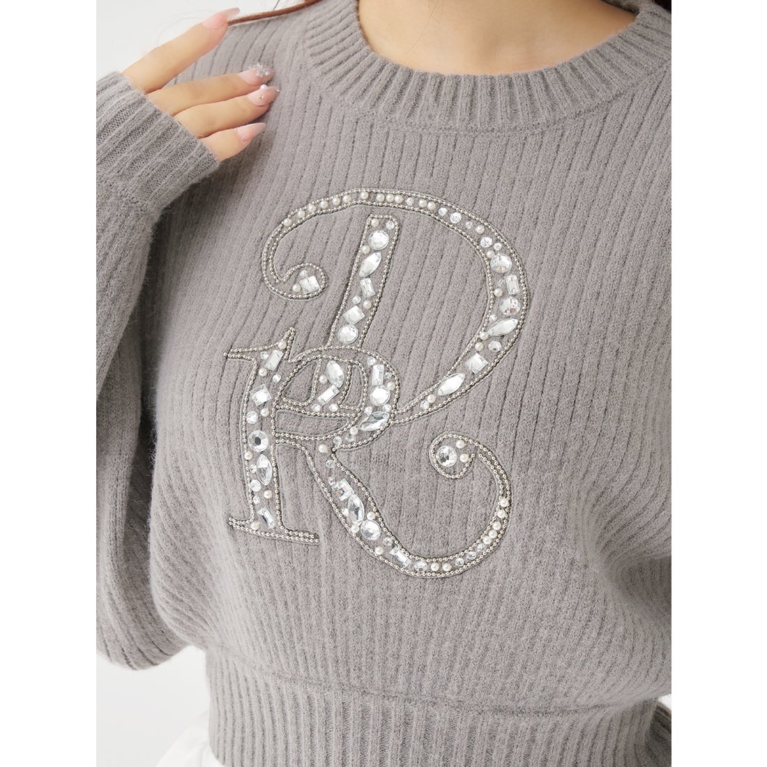 ダーリッチ Darich DRビジューボリュームリブニットトップス （グレー