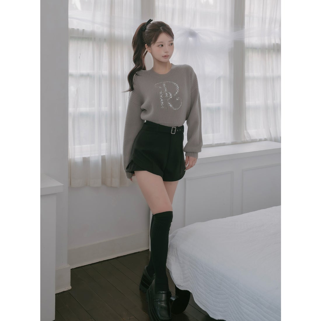 ダーリッチ Darich DRビジューボリュームリブニットトップス （グレー