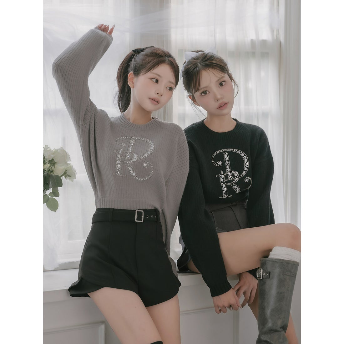 ダーリッチ Darich DRビジューボリュームリブニットトップス （グレー