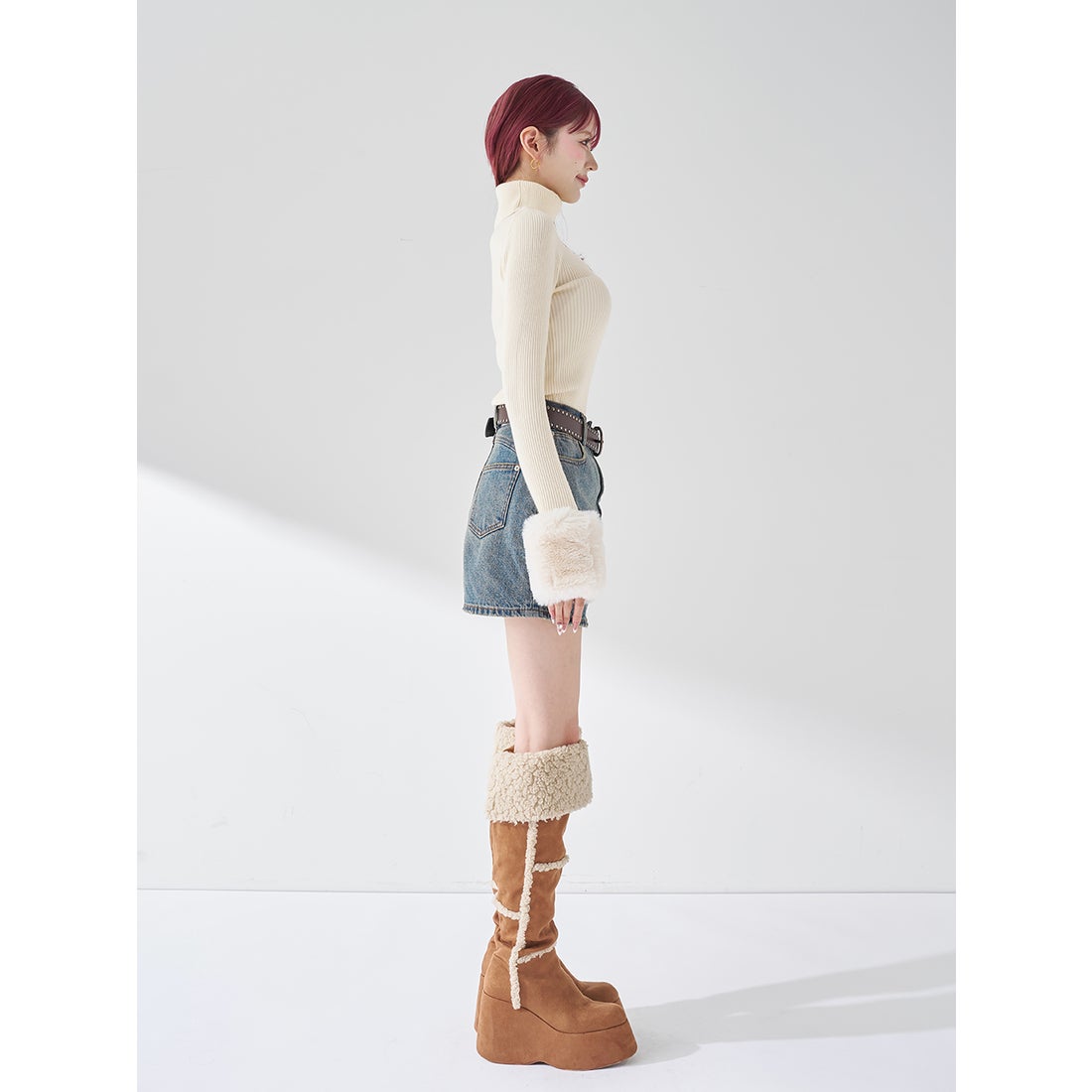 ダーリッチ Darich スムースファーリブニットトップス （ベージュ