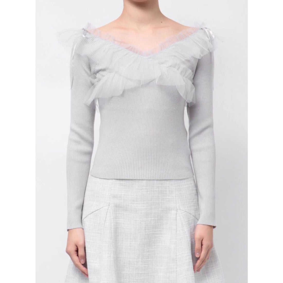 ダズリン dazzlin リボンチュールオフショルニットトップス （オフ