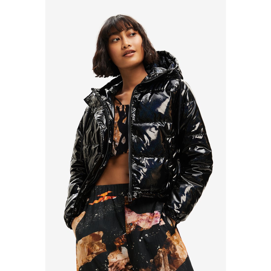 デシグアル Desigual 光沢 ショート パデッドジャケット （グレー